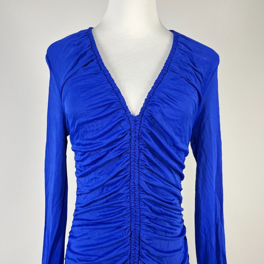 NWOT Farm Rio V Neckline Ruched Blue Maxi Dress Long Sleeves Size M - Picture 3 of 12